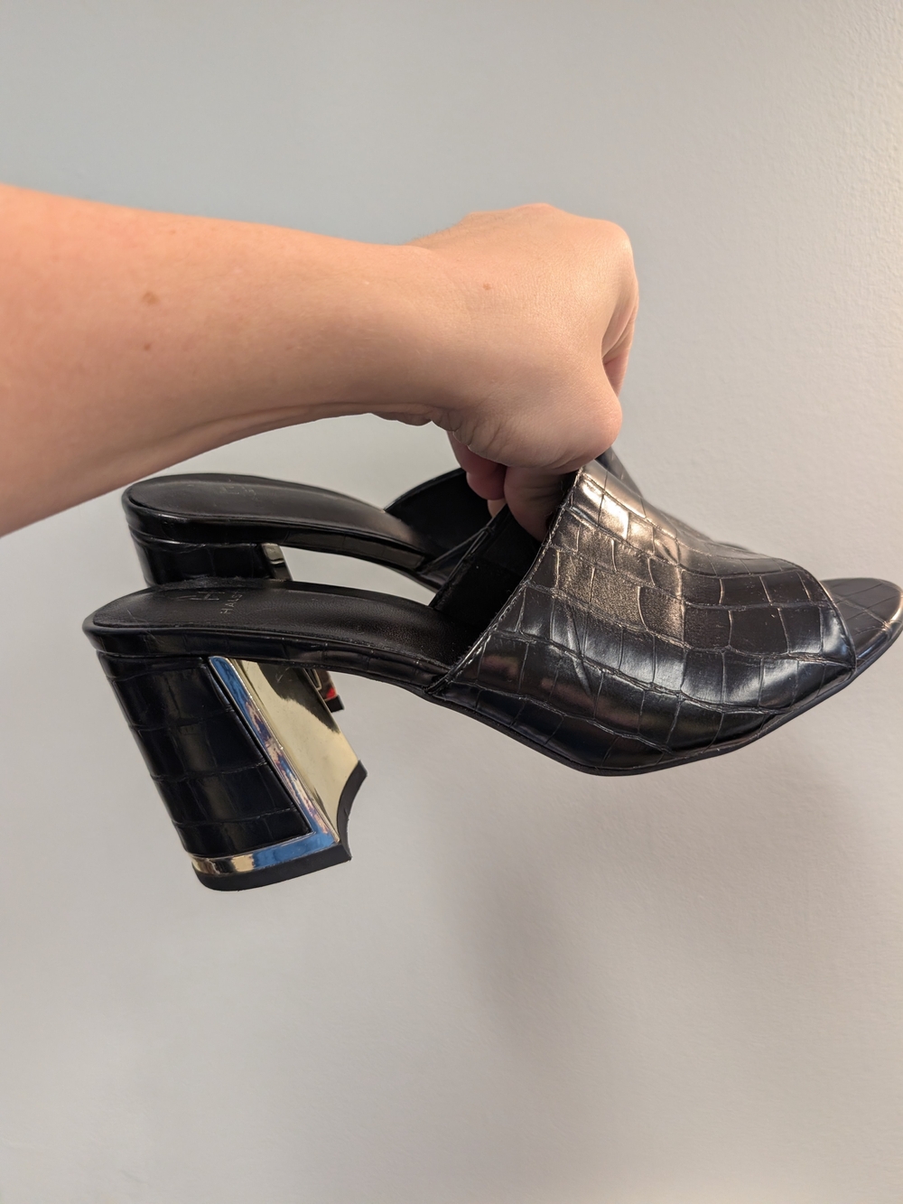 H by Halston Black Croc-Embossed Vegan Leather Mule Sandals with Metallic Heel